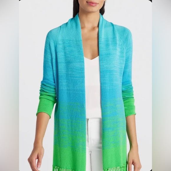 LILLY PULITZER TATUM FRINGE GECKO GREEN MARLED OMBRE CARDIGAN SWEATER - Picture 3 of 5